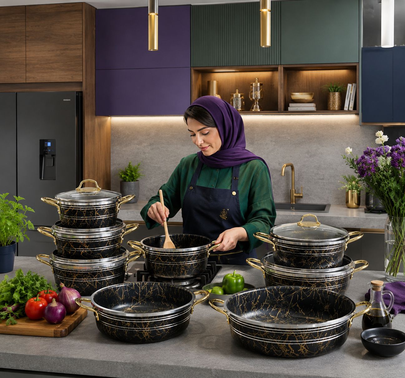 سرویس قابلمه ۱۴ پارچه گلدونی ماربل دایان